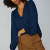 Current Air Long Sleeve Tops-Lace Trim Blouse NAVY