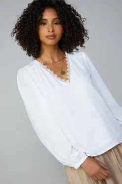 Current Air Long Sleeve Tops-Lace Trim Blouse WHITE