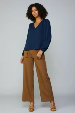 Current Air Long Sleeve Tops-Lace Trim Blouse NAVY