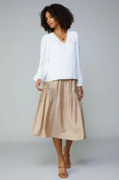 Current Air Long Sleeve Tops-Lace Trim Blouse WHITE
