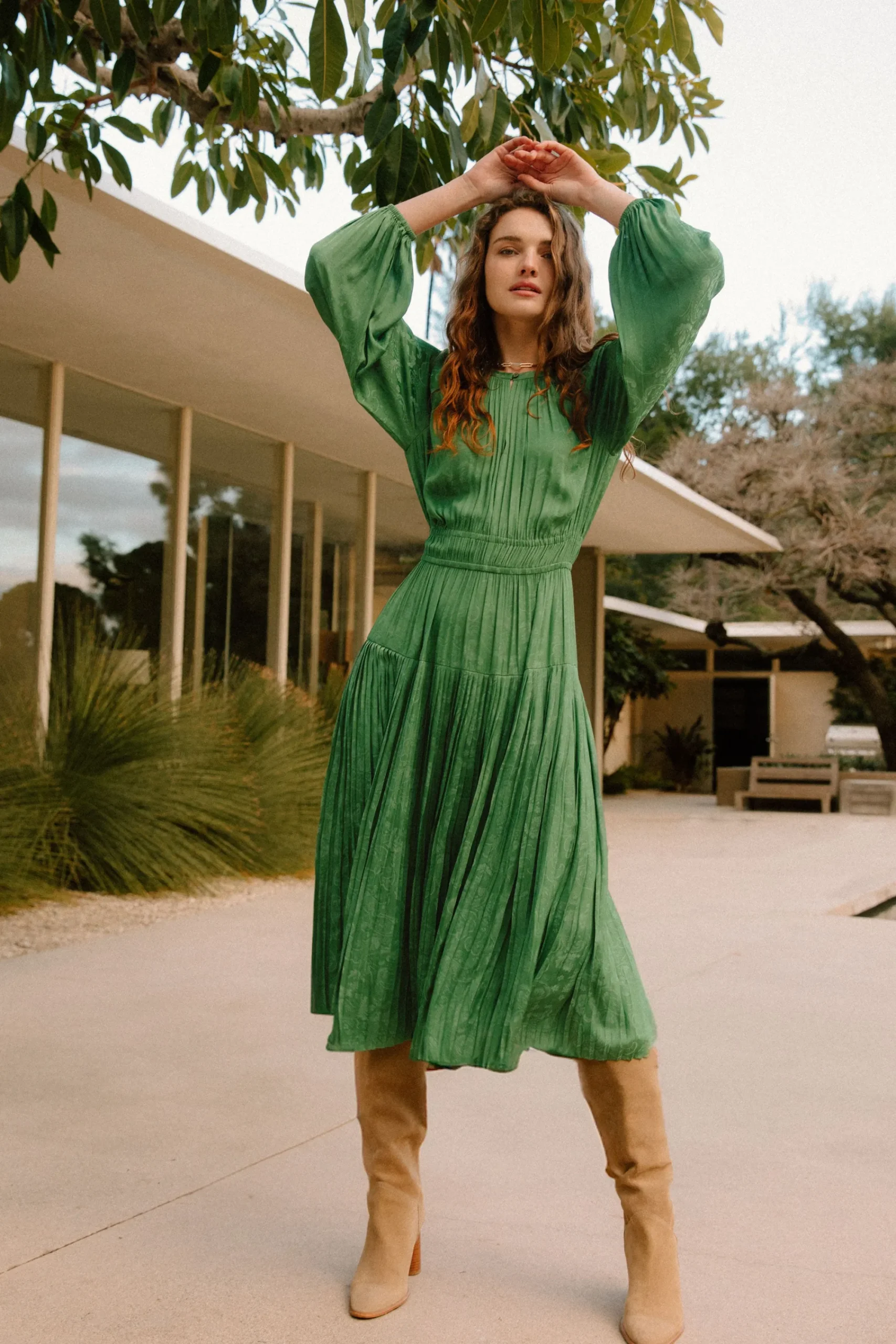 Current Air Midi Dresses-Laraline Paisley Jacquard Midi Dress LEAFGREEN