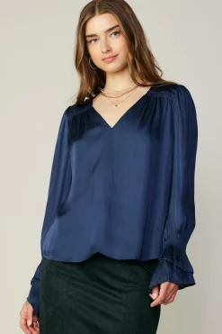 Current Air Long Sleeve Tops-Layered Cuff Blouse NAVY