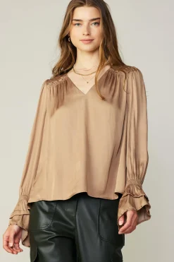 Current Air Long Sleeve Tops-Layered Cuff Blouse SAND