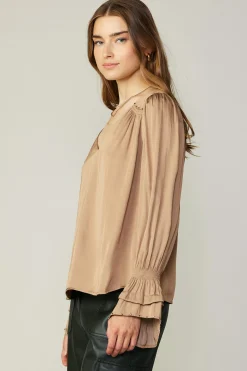 Current Air Long Sleeve Tops-Layered Cuff Blouse SAND