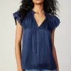 Current Air Short Sleeve Tops-Layered Lace Sleeve Top NAVY