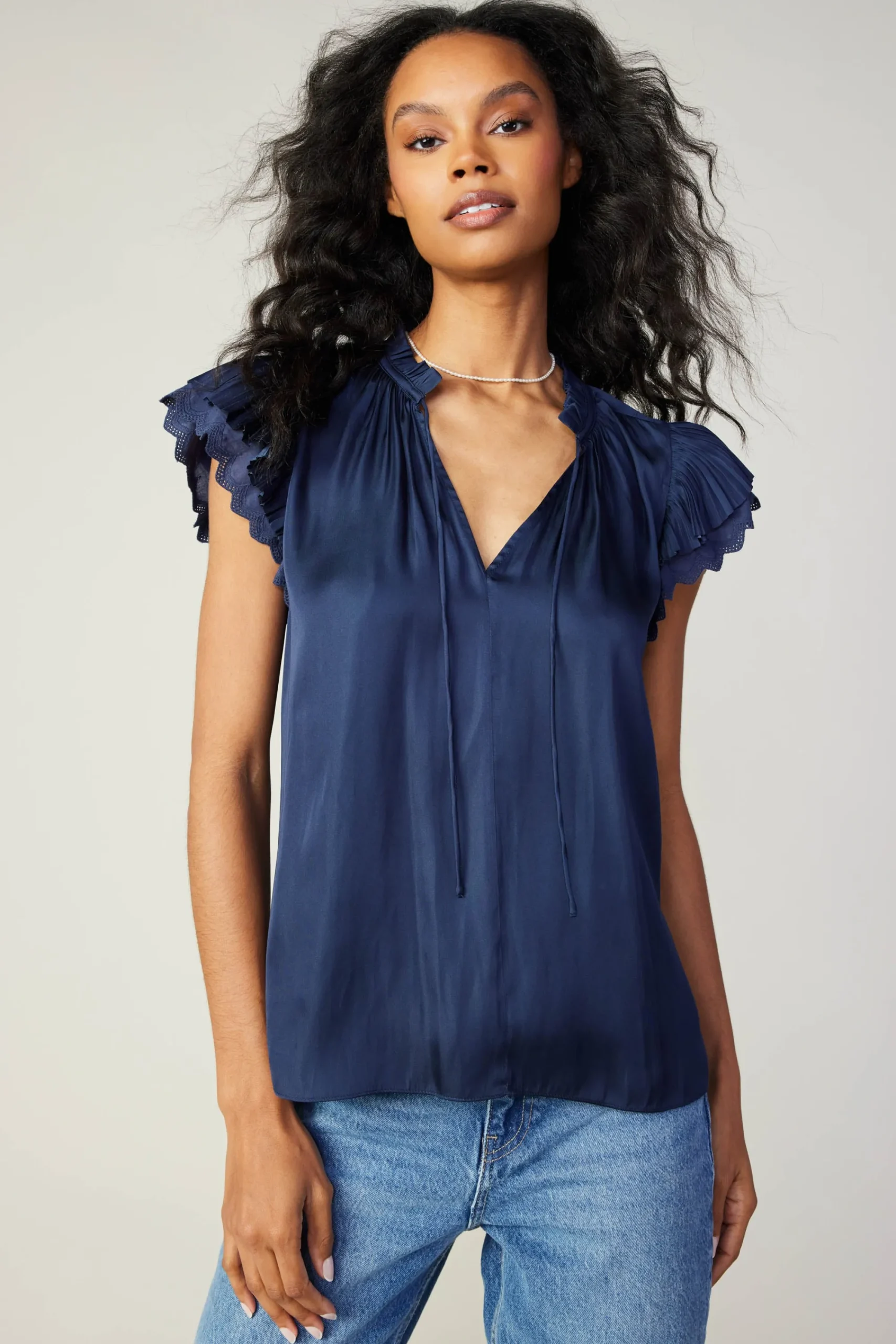 Current Air Short Sleeve Tops-Layered Lace Sleeve Top NAVY