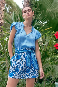 Current Air Short Sleeve Tops-Layered Lace Sleeve Top BABYBLUE