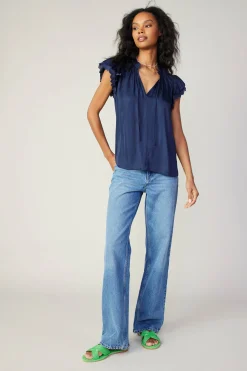 Current Air Short Sleeve Tops-Layered Lace Sleeve Top NAVY