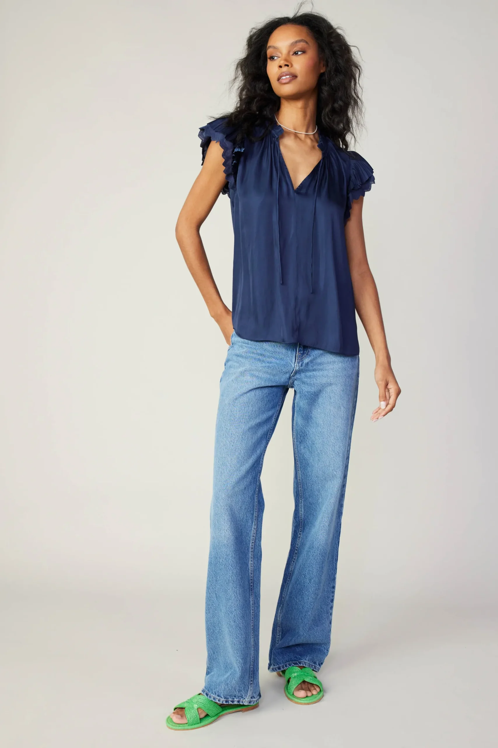 Current Air Short Sleeve Tops-Layered Lace Sleeve Top NAVY