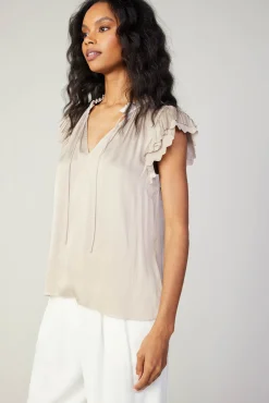 Current Air Short Sleeve Tops-Layered Lace Sleeve Top TAUPE
