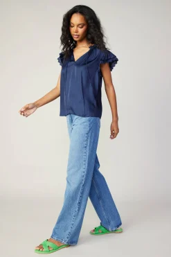 Current Air Short Sleeve Tops-Layered Lace Sleeve Top NAVY