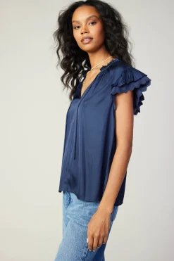 Current Air Short Sleeve Tops-Layered Lace Sleeve Top NAVY