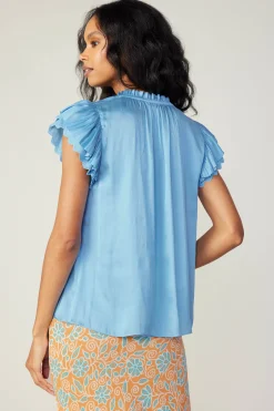 Current Air Short Sleeve Tops-Layered Lace Sleeve Top BABYBLUE