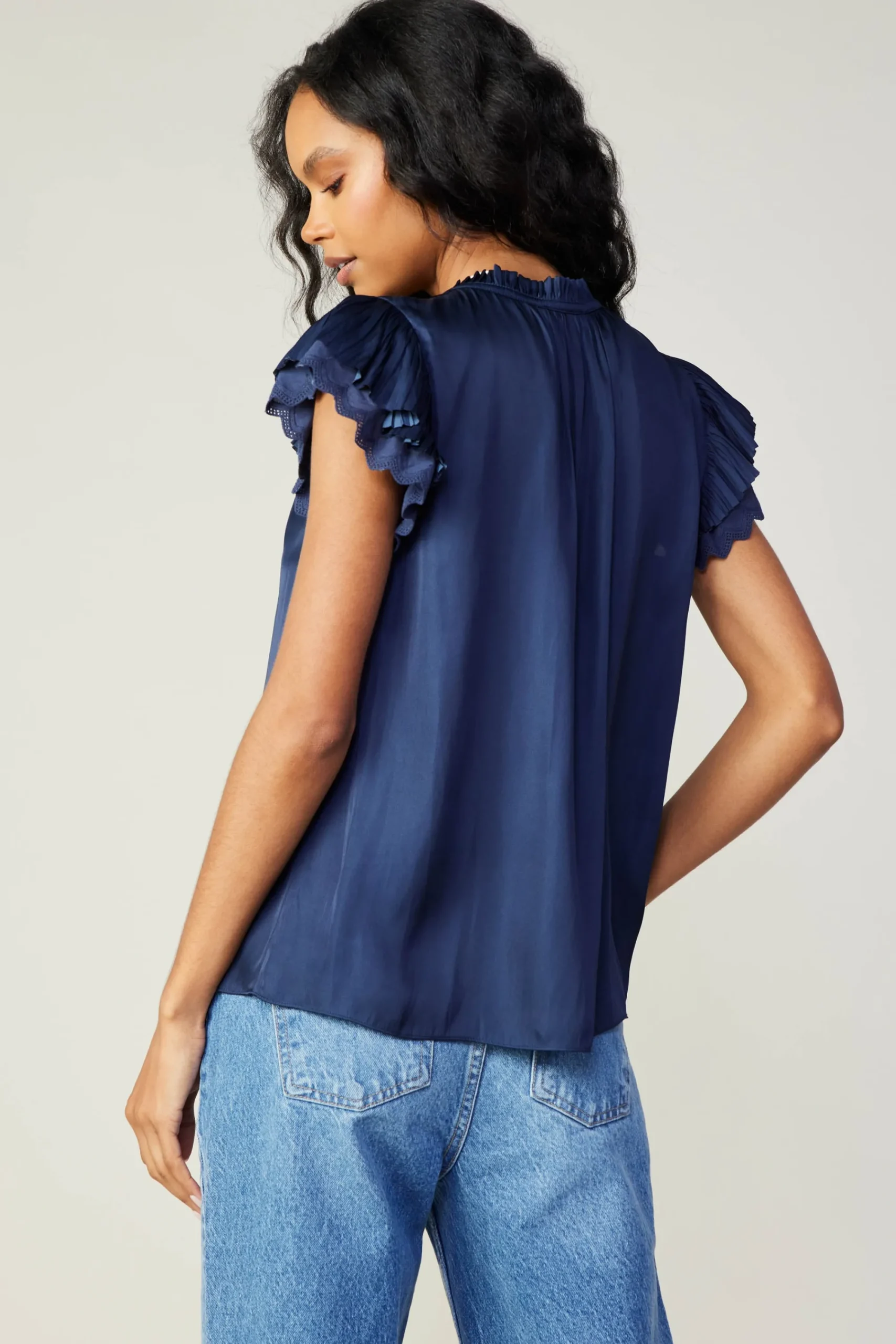 Current Air Short Sleeve Tops-Layered Lace Sleeve Top NAVY
