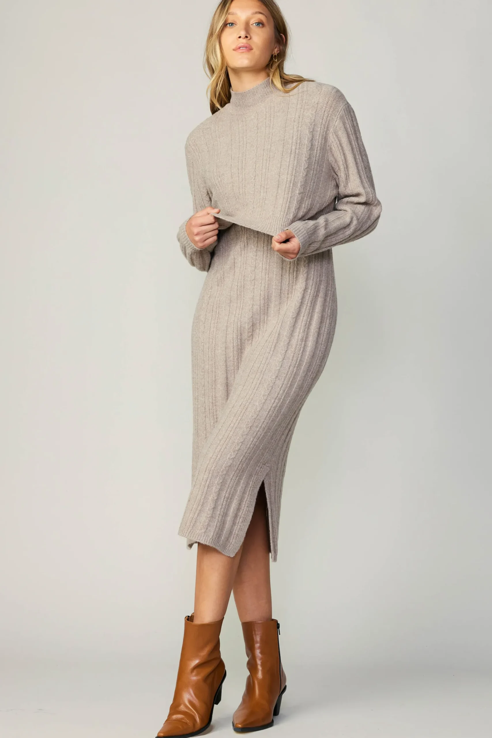 Current Air Sweaters-Layered Sweater Midi Dress OATMEAL