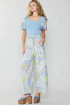 Current Air Pants-Linen Blend Floral Pants BLUE