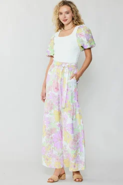 Current Air Pants-Linen Blend Floral Pants PINK