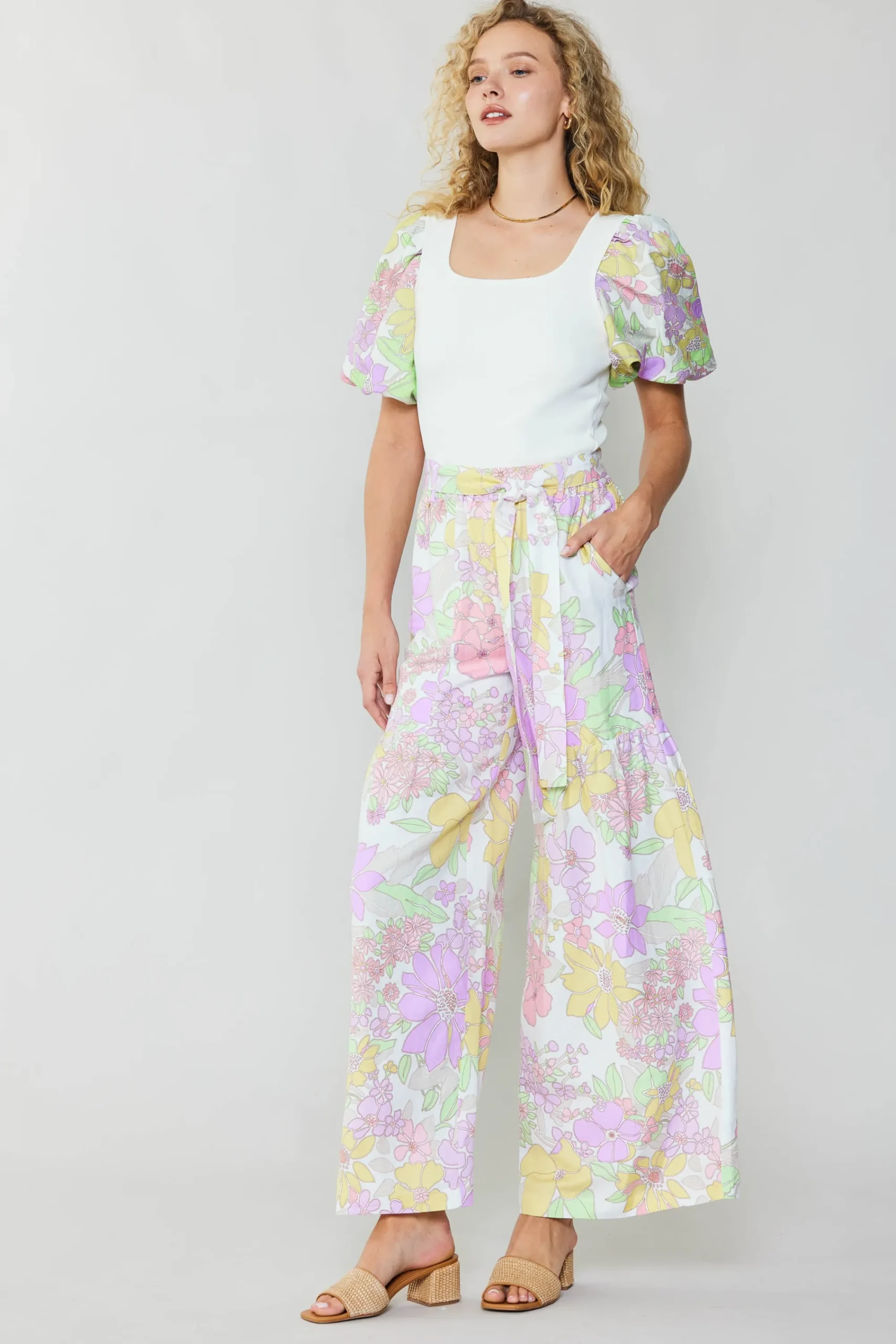 Current Air Pants-Linen Blend Floral Pants PINK