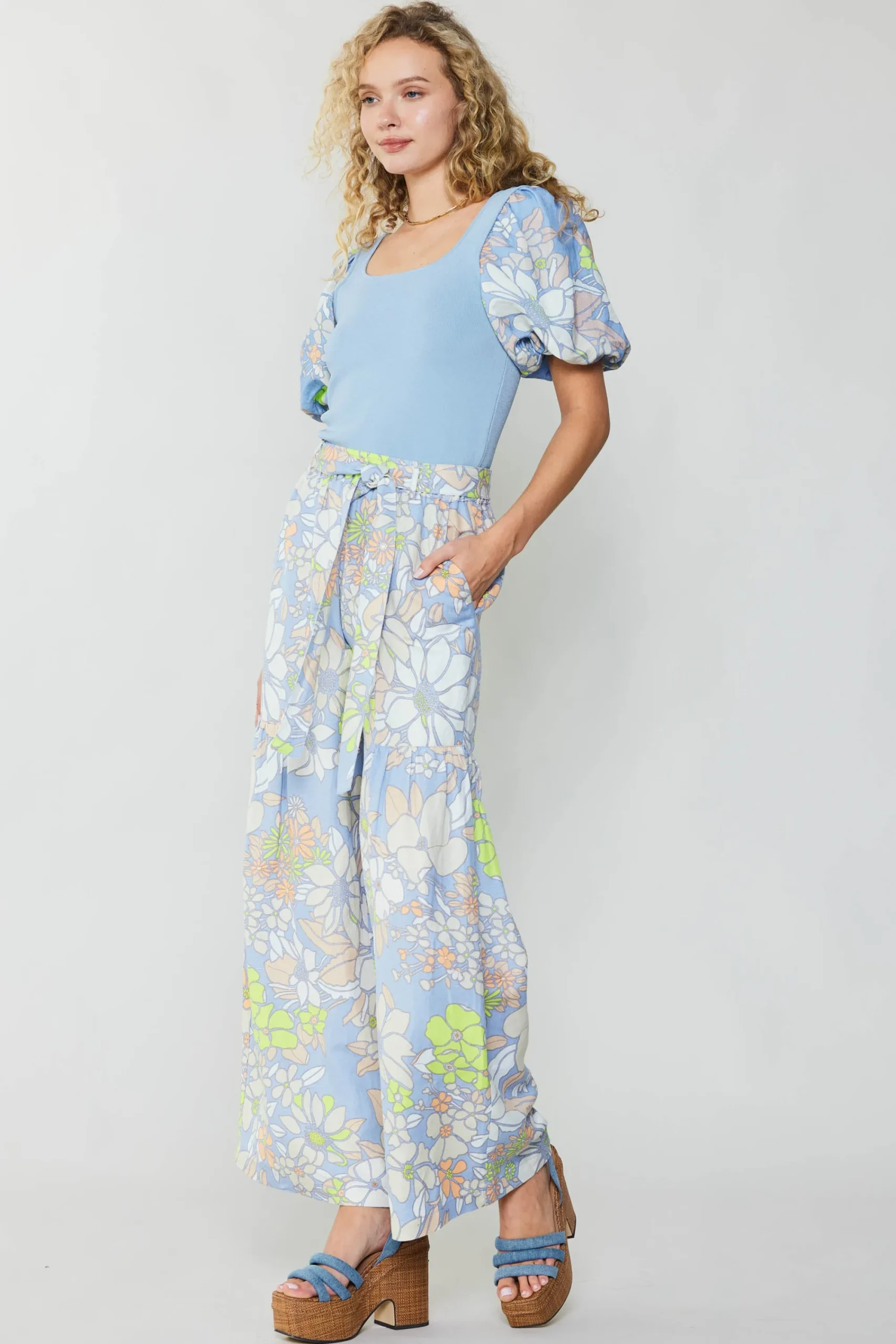Current Air Pants-Linen Blend Floral Pants BLUE