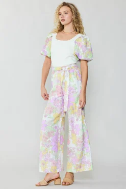 Current Air Pants-Linen Blend Floral Pants PINK
