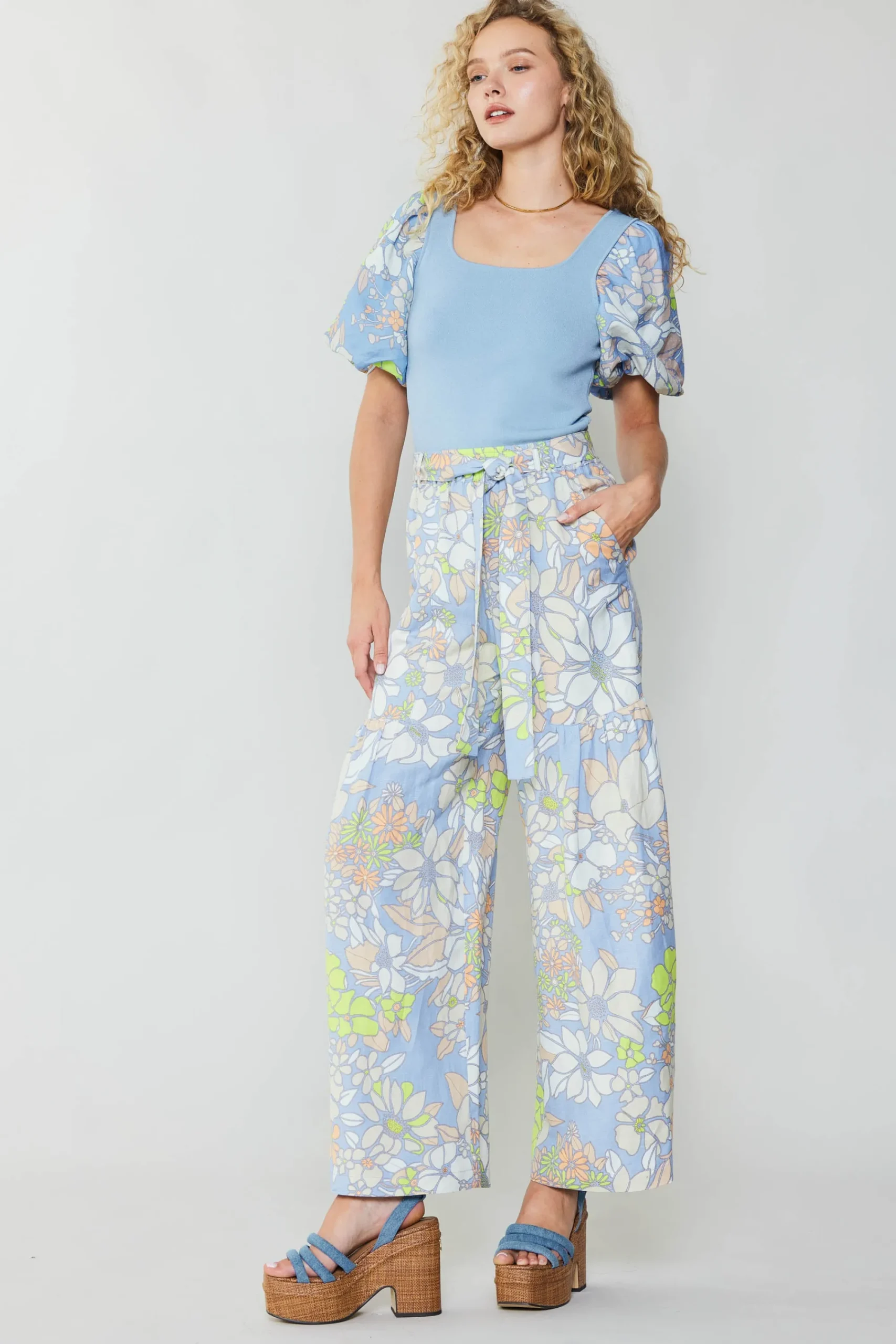Current Air Pants-Linen Blend Floral Pants BLUE