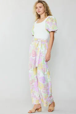 Current Air Pants-Linen Blend Floral Pants PINK