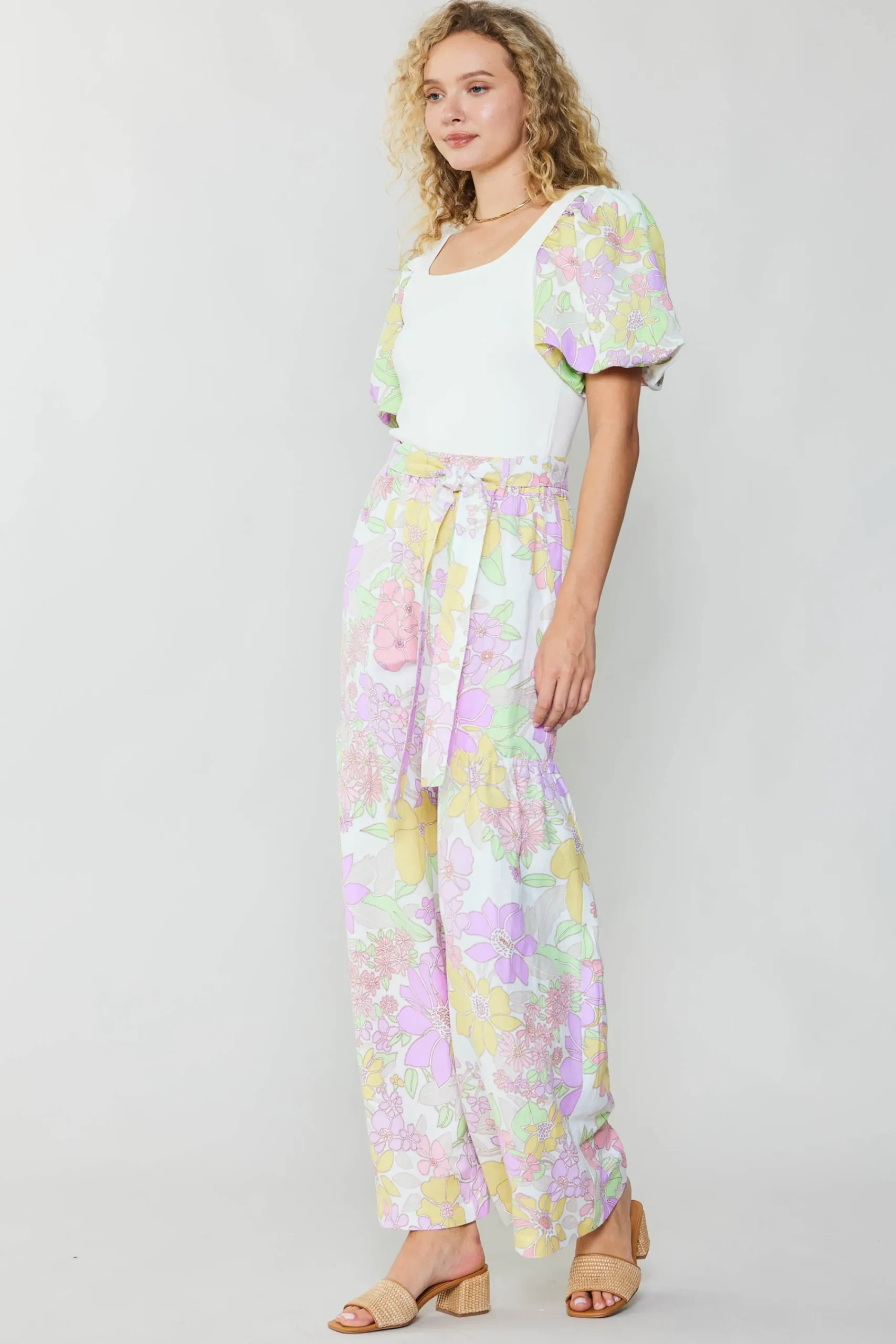 Current Air Pants-Linen Blend Floral Pants PINK