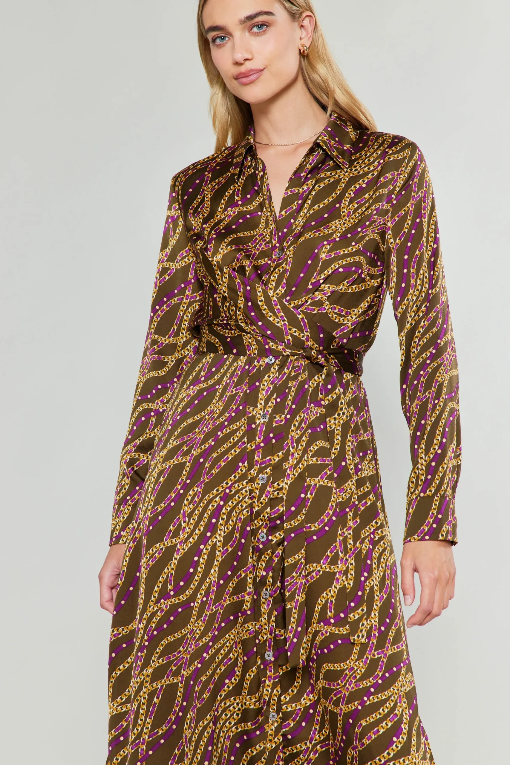 Current Air Midi Dresses-Link Motif Shirt Dress OLIVEWINE