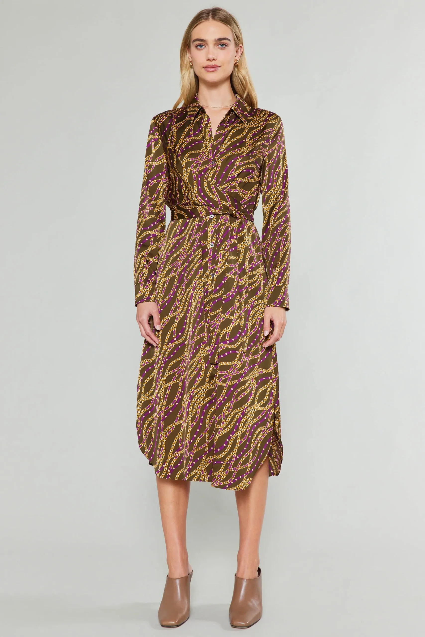 Current Air Midi Dresses-Link Motif Shirt Dress OLIVEWINE