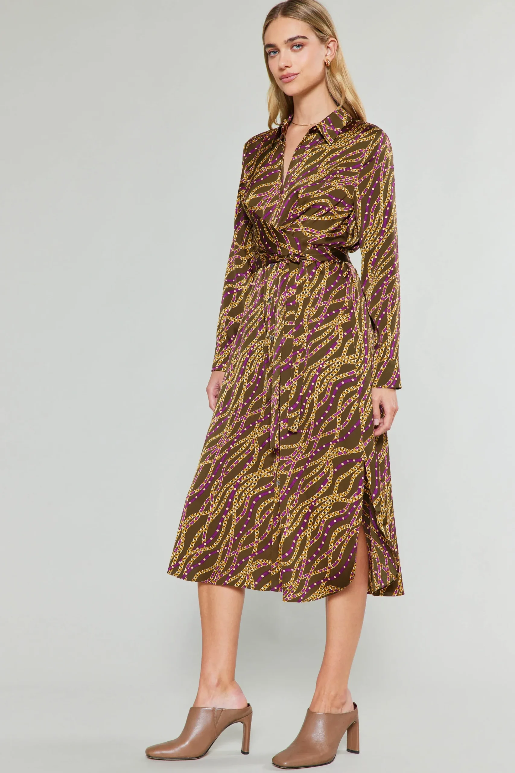 Current Air Midi Dresses-Link Motif Shirt Dress OLIVEWINE