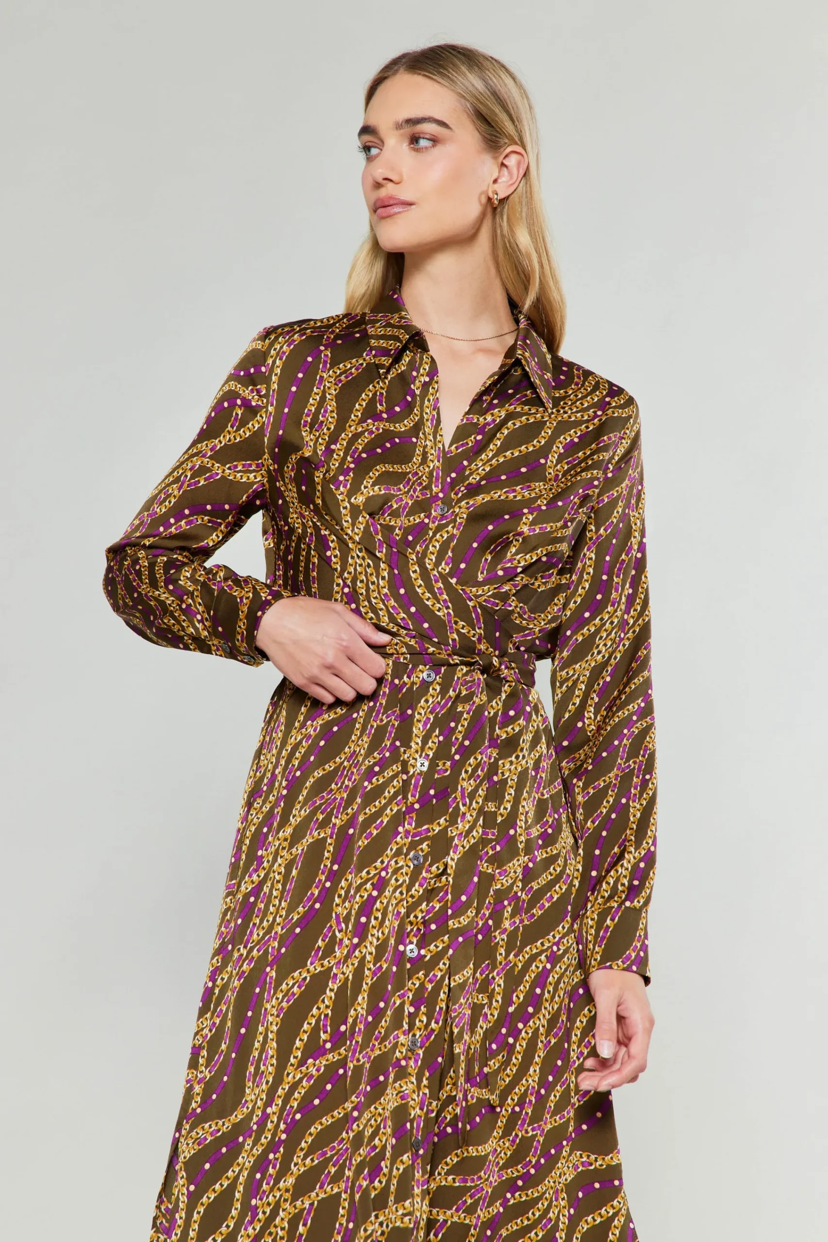 Current Air Midi Dresses-Link Motif Shirt Dress OLIVEWINE