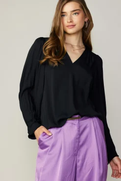 Current Air Long Sleeve Tops-Long Pleated Sleeve Blouse BLACK