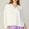 Current Air Long Sleeve Tops-Long Pleated Sleeve Blouse WHITE