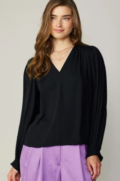 Current Air Long Sleeve Tops-Long Pleated Sleeve Blouse BLACK