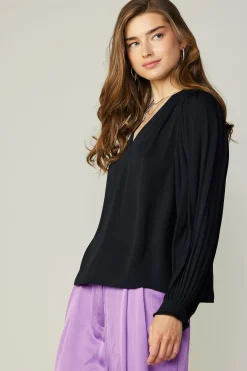 Current Air Long Sleeve Tops-Long Pleated Sleeve Blouse BLACK