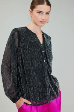 Current Air Long Sleeve Tops-Lurex Buttonup Blouse BLACK