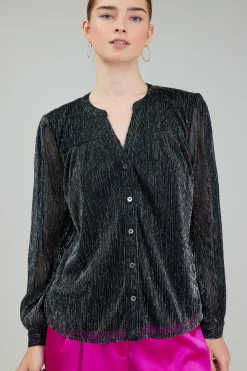 Current Air Long Sleeve Tops-Lurex Buttonup Blouse BLACK