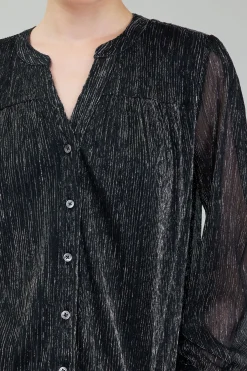 Current Air Long Sleeve Tops-Lurex Buttonup Blouse BLACK