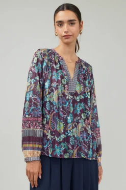 Current Air Long Sleeve Tops-Lurex Floral Blouse PLUMMLT