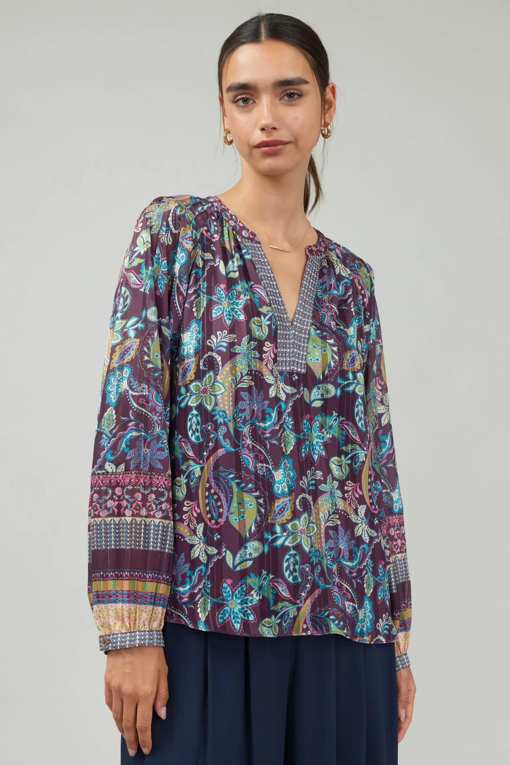Current Air Long Sleeve Tops-Lurex Floral Blouse PLUMMLT