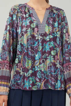 Current Air Long Sleeve Tops-Lurex Floral Blouse PLUMMLT