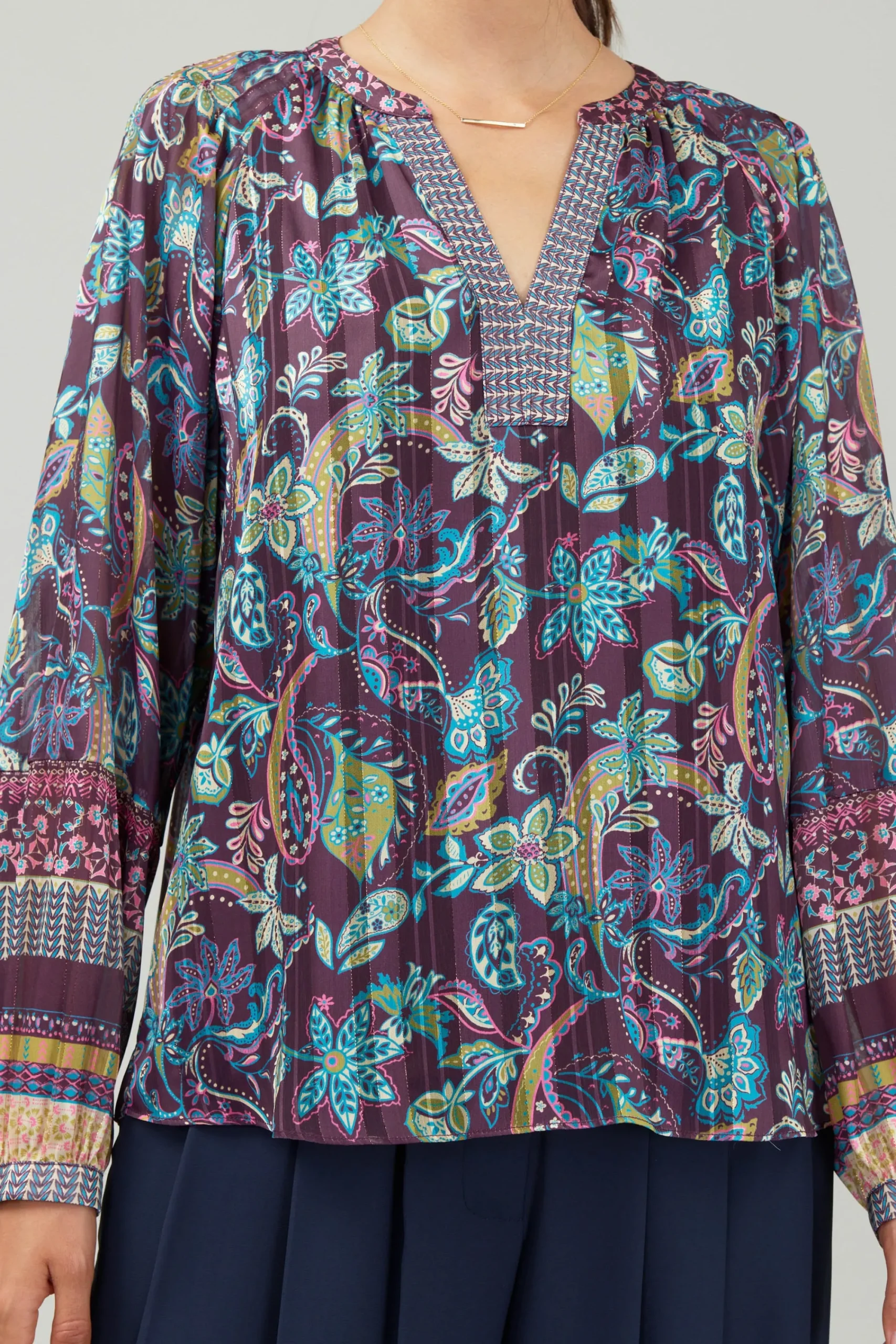 Current Air Long Sleeve Tops-Lurex Floral Blouse PLUMMLT
