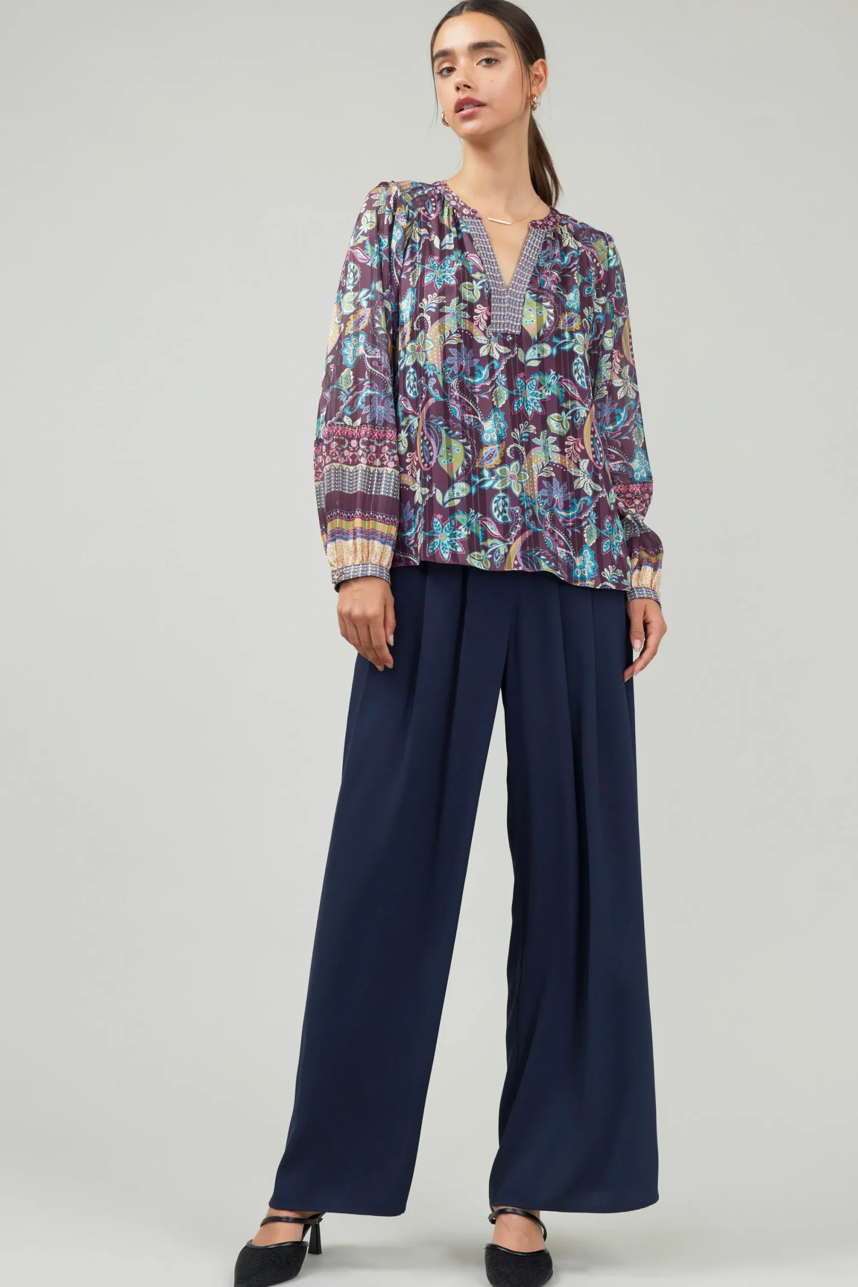 Current Air Long Sleeve Tops-Lurex Floral Blouse PLUMMLT