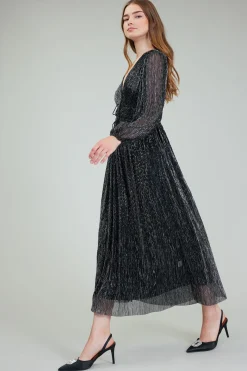 Current Air Maxi Dresses-Lurex Pleated Maxi Dress BLACK