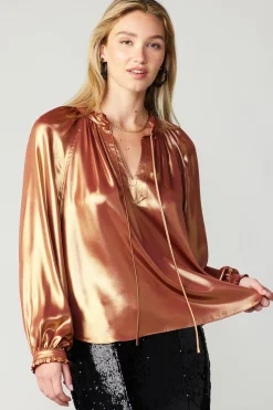Current Air Long Sleeve Tops-Lustrous Cuffed Blouse RUST