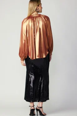 Current Air Long Sleeve Tops-Lustrous Cuffed Blouse RUST