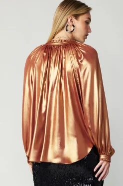 Current Air Long Sleeve Tops-Lustrous Cuffed Blouse RUST