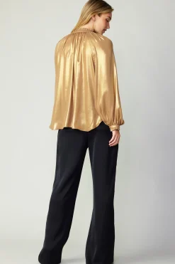 Current Air Long Sleeve Tops-Lustrous Cuffed Blouse GOLD