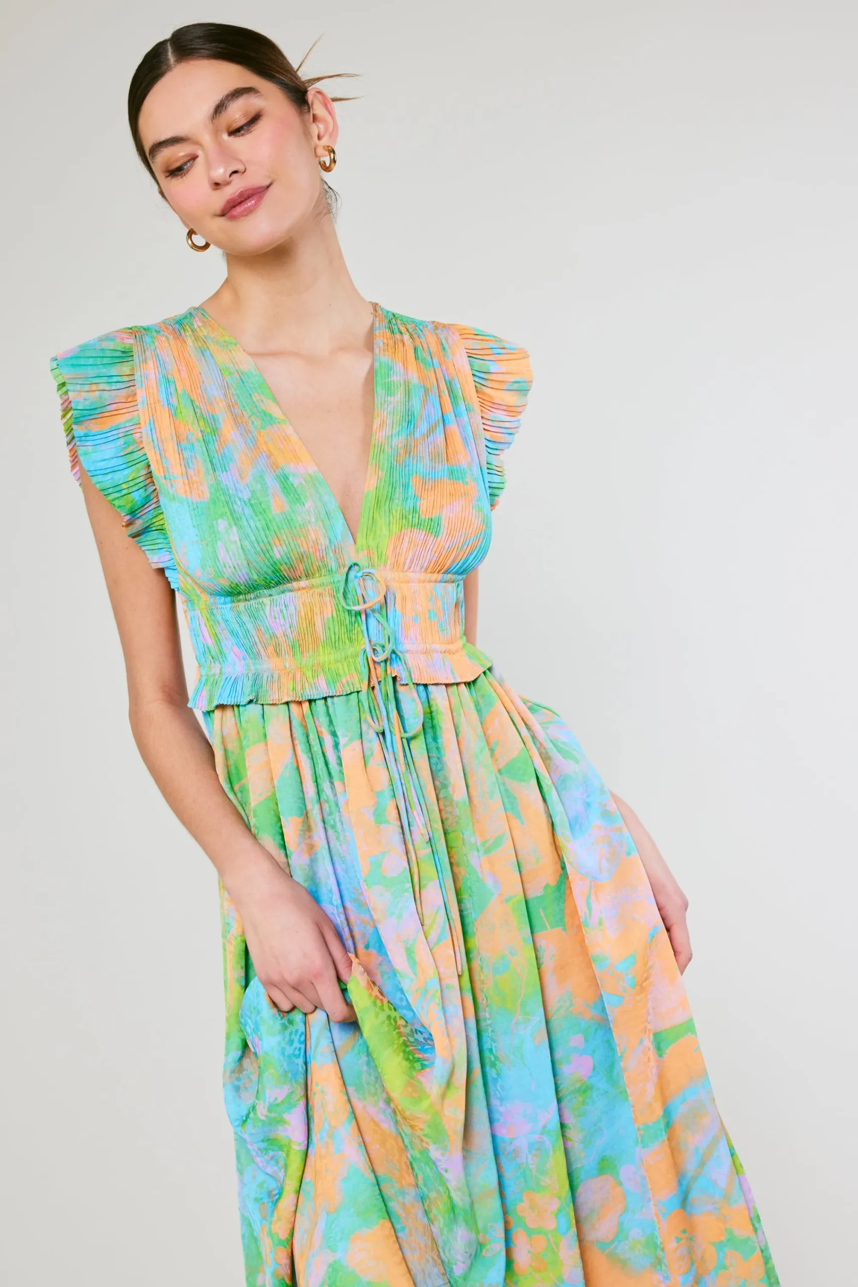Current Air Maxi Dresses | Midi Dresses-Mara Abstract Pleated Maxi Dress GREENORANGEMLT