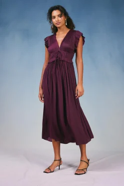 Current Air Maxi Dresses-Mara Pleated Maxi Dress BURGUNDY